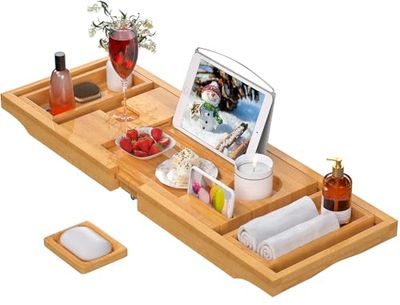 Artmalle Plateau de Baignoire Pliable en Bambou avec Support pour Livre et Verre à vin, Porte-Savon Gratuit adapté pour Spa de Luxe ou Lecture (Naturel, Pliable, Classique)