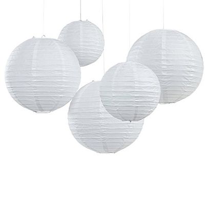 Ginger Ray White Round Paper Lantern With Wire Ribbing Decorations In 2 Sizes 5 Pack, Tissue