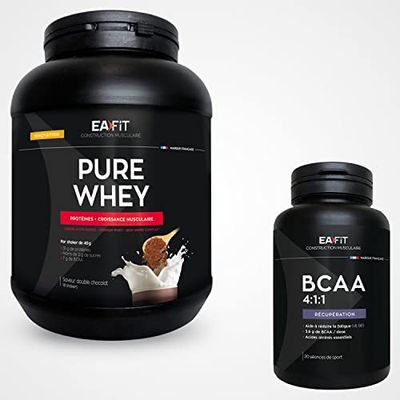 EAFIT | LOT Récupération Musculaire| Pure whey double chocolat 750g & BCAA | Prise de muscle | Reduction de la fatigue | Acide aminés essentiels Comprimés | Anti-Dopage | Made in France