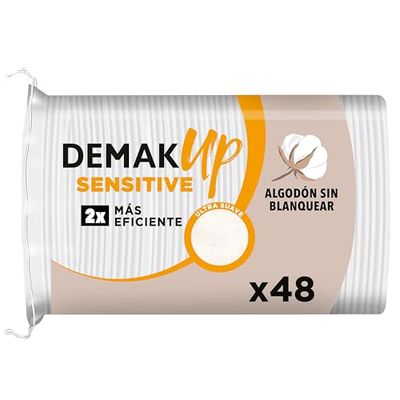 Demak'Up Sensitive x48 Discos de maquilhagem ultra suaves para peles sensíveis, rosto e olhos, fibra de algodão 100% natural, embalagem com 48 discos