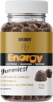 Weider Energy Caffeine Gummies (80 Gums) Cola Flavour. Caffeine Gummies with Guarana, Taurine, Vitamin B and C. Sugar Free. Allergen Free. (10 Servings)