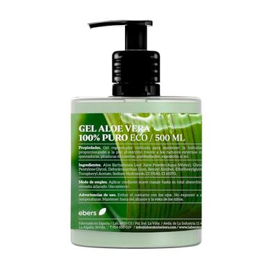 Ebers Gel d'Aloe Vera 100% Pur 500 Ml avec distributeur - Excellent hydratant pour le visage et le corps, après-soleil, épilation et brûlures.