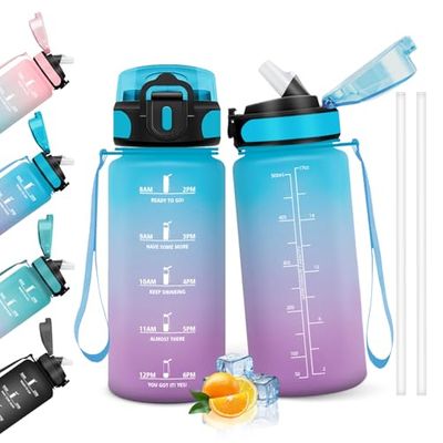 HoneyHolly Borraccia 500Ml, Senza BPA & A Prova di Perdita, Borraccia con Cannuccia, Reutilizables, Borraccia Scuola Elementare, Borraccia Motivazionale per Scuola, Palestra, Ufficio, Running