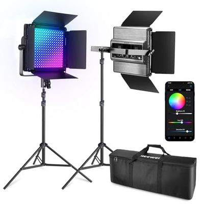 NEEWER 2 Luci Video a LED RGB1200 con APP 2.4G/Kit d'Illuminazione Fotografica/Video 60W, Cavalletto/Custodia 22000Lux@0.5m,Modulazione Precisa/incr.1%,RGB a 360°,CRI97+/TLCI98+/2500K-8500K,18 Effetti