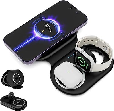 Tiergrade 3-in-1 draadloze oplader voor Apple-apparaten, magnetisch opvouwbaar laadstation, reisoplader voor iPhone 14/13/12-serie, AirPods 3/2/Pro/Pro2, iWatch (adapter meegeleverd) zwart