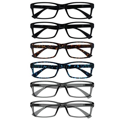 OPULIZE Pep Reading Glasses 6 Pack Classic Everyday Rectangular Frame Spring Hinges Scratch Resistant Black Brown Blue Grey Mens Womens RRRRRR92-112377 +2.50