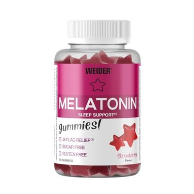 Weider Melatonin Gummies (60 Caramelle Gommose) Sapore Fragola. Con 1mg di Melatonina per dose, Aiuta para il Sonno e contro il Jet lag, Senza Glutine, Senza Zucchero