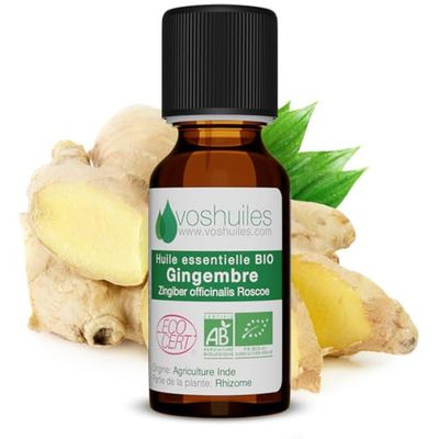 Voshuiles - Huile Essentielle Gingembre Bio 5ml - Energisante - Parfum Frais Épicé - Digestion Bien-être - Diluer avec Huile Végétale - 100% Pure et Naturelle - HEBBD et ECOCERT