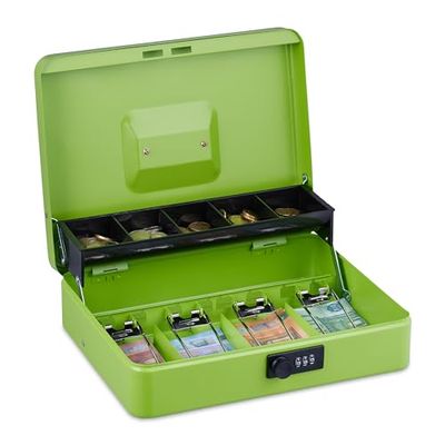 Relaxdays Caja Dinero, Combinación 3 Números, Bandeja para Monedas y 4 Espacios para Billetes, Cajita Efectivo, Verde, Hierro, 8,5 x 30,5 x 24,5 cm