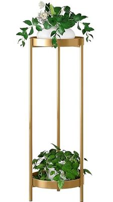 Fashionoda Soporte de metal de 2 niveles para plantas, mesa auxiliar, plegable, resistente, soporte para macetas, estante de exhibición para decoración del hogar en interiores y exteriores (30 x 10