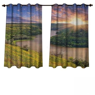 Anshesix Nature Outdoor Ultraviolet Protective Curtains Rising Sun Over Calm Riverbed with Lush Trees and Meadows Shrubs Hillside Cloudy Sky W72 x L63(183cm x 160cm)