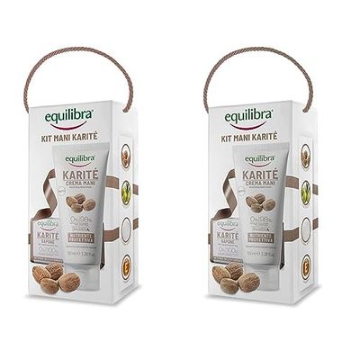 Equilibra Corpo, Kit Mani Karité, Crema Mani Karité Nutriente e Protettiv, Sapone 100% Vegetale Karité Detersione Delicata, Confezione Regalo (Confezione da 2)