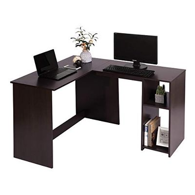 MEUBLE COSY Bureau Informatique avec étagère de Rangement Table d'angle Coin en Forme L Grand Station de Travail PC Gaming en Bois, Marron, 120x100x75cm