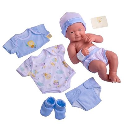 JC Toys- La Newborn nyfödd docka, 38 cm, mjuk vinyl, med kläder och 8 tillbehör, blå, designad i Spanien av Berenguer, +2 år gammal