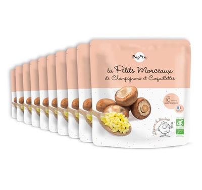 POPOTE - Petits Morceaux Champignons Coquillettes - Repas bébé dès 10 mois - Pack de 10 sachets x 190g