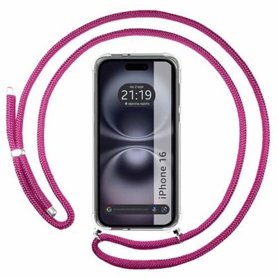 Tumundosmartphone Custodia a sospensione trasparente per iPhone 16 (6.1) con cordino rosa fucsia