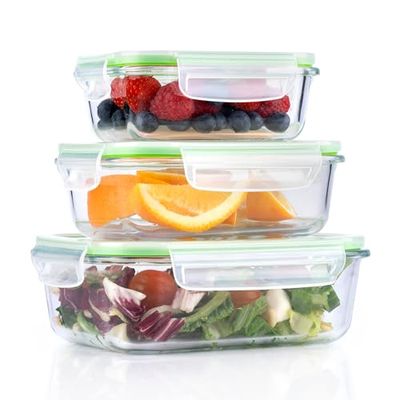 Alpina Tarros con tapa – Vidrio – 3 piezas – Recipiente de cristal – Caja de almacenamiento – Microondas, Congelador, Sobre y Lavavajillas – 370, 640 y 1050 ml