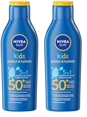 NIVEA SUN Lait Solaire Protect & Hydrate Kids SPF 50+ 200 ml — Crème Solaire résistante à l'eau — Haute Protection Visage et Corps pour la peau délicate des Enfants (Lot de 2)
