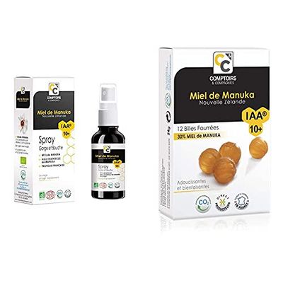 COMPTOIRS ET COMPAGNIES | SPRAY GORGE ET BOUCHE CERTIFIE BIO & 12 Billes Fourrées Miel de Manuka Actif IAA10+ (MGO263+) | Idéales pour la Gorge