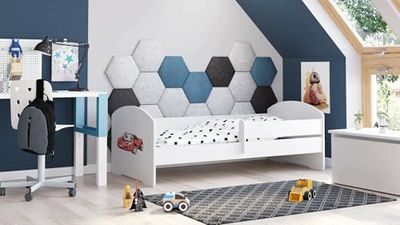Dmora - Lit d'enfant Wroclaw, Couchette pour Chambre d'enfant, Ensemble de Chambre, Support de Matelas, 77x144 h56 cm, Blanc avec Voiture