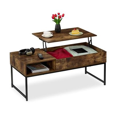 Relaxdays Coffee Table with Lift Top, Side Section, Compartment with Storage Space, Wood-Look, 45 x 110 x 50 cm, Brown, Fibreboard, 56 x 110 x 50 cm