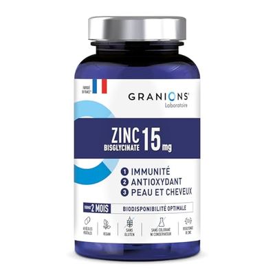 GRANIONS - Zinc Bisglycinate 15 mg - Zinc Complement Alimentaire - Format 2 MOIS - Bisglycinate - Immunité, Acne Visage - Biodisponibilité Optimale - 60 Gélules