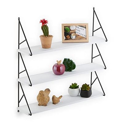 Relaxdays wandrek hangend, 3 planken, mdf & ijzer, HBD: 60x60x15 cm, decoratie & planten, wandplank binnen, wit/zwart