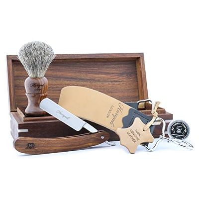 Haryali London Classic Collection - Caja de madera para peluquería y peluquería de corte recto, cepillo de afeitar de madera de tejón negro, estropajo de cuero, pasta de afilar, juego de 5 piezas de