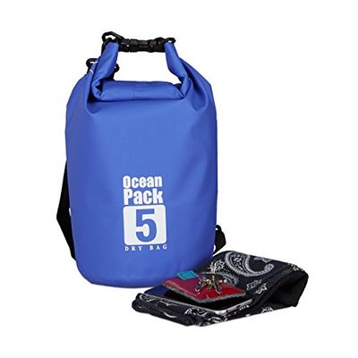 Relaxdays Saco estanque de 5 litros, mochila leve Ocean Pack de 5 litros, impermeável, Dry Bag para desportos, 38 x 20 x 0,5 cm, azul