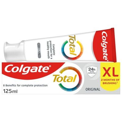 Colgate Total Original Toothpaste 125ml stronger 24-hour bacterial defence* long-lasting active protection* unique dual zinc antibacterial technology 8 benefits for complete protection