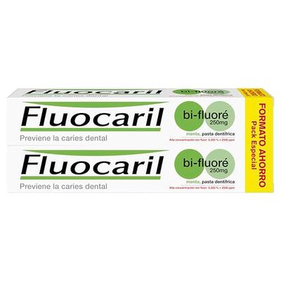 Fluocaril Bi-Fluoré 250 mg Pasta Dentrífica Anticaries Sabor Menta Previene la caries dental, Protege el esmalte, Eficacia Clínicamente Probada Pack de 2x125 ml