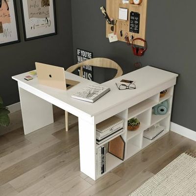Dmora - Bureau Angete, Pupitre Polyvalent, Table de Bureau pour PC, Plan de Travail, 129x120h72 cm, Blanc