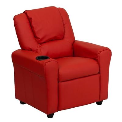 Flash Furniture Hedendaagse kinderfauteuil met bekerhouder en hoofdsteun, hout, rood vinyl, 60,96 x 48,26 x 48,26 cm