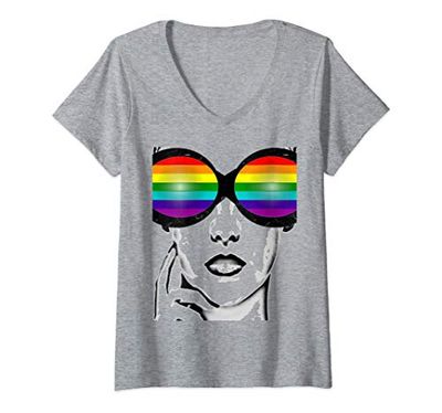 Donna Sunglasses LGBT Flag Gay Pride Transgender Rainbow Lesbian Maglietta con Collo a V