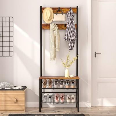 VECELO Coat Rack, Coat Stand with Shoe Storage Bench, Hall Tree with 2 Tier Shoe Rack, 5 Removable Hooks, Metal Frame, 3-in-1 Design for Entry Furniture/Hallway, Industrial, Rustic Brown