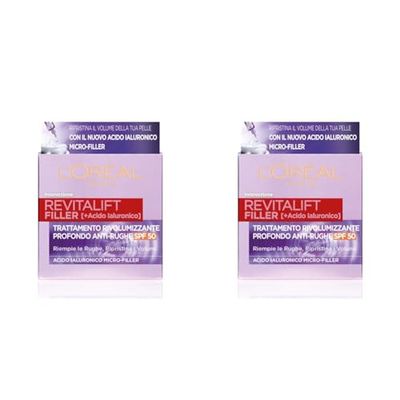 L'Oréal Paris Crema Viso Giorno Revitalift Filler, Azione Antirughe Rivolumizzante con Acido Ialuronico Micro-filler, SPF 50, 50 ml (Confezione da 2)