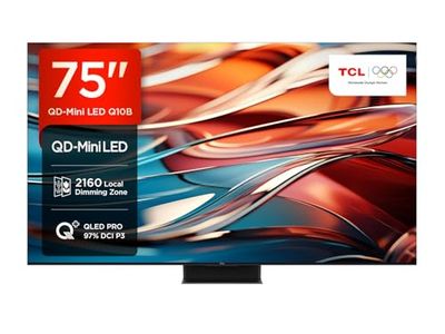 TCL 75Q10B, TV Mini LED 75”, pannello QLED 144Hz, 4K Ultra HD, Google TV (Dolby Vision & Atmos, audio ONKYO 2.1.2, Controllo vocale hands-free, compatibile con Google Assistant & Alexa, AirPlay2)