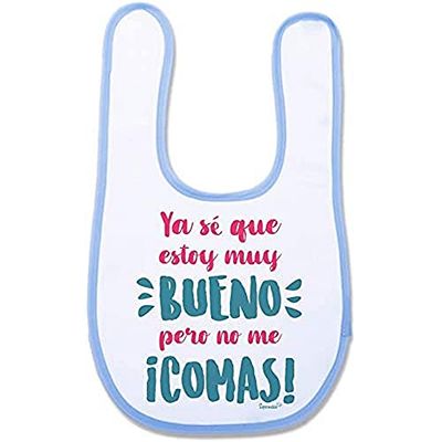 Supermolon 03458 - "Ya Se Que Estoy Muy Bueno Pero No Me Comas" Babero Bebe con Velcro, Azul Celeste, unisex