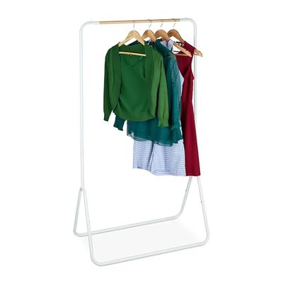 Relaxdays Perchero de Pie Metálico, Colgador Ropa, Barra Efecto Madera, para Entrada, 144 x 81 x 44 cm, Blanco y Natural, Hierro