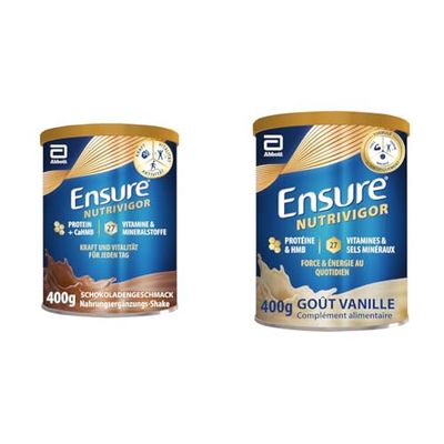 Ensure NutriVigor Chocolat & Vanille 400g - Complément alimentaire avec protéines, 27 vitamines et minéraux et HMB - Pour une alimentation saine et équilibrée - 1x Chocolat 400g + 1x Vanille 400g