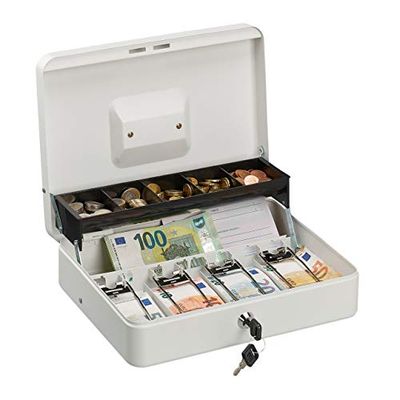 Relaxdays Caja Dinero con Llave, Bandeja Monedas y 4 Compartimentos Billetes, Cajita Hierro, 8,5x30,5x24,5 cm, Blanco, Acero