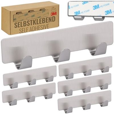 RICOO Ganci Adesivi in Acciaio Inox, Modello MH020-6, Attaccapanni Adesivo per Bagno e Cucina con 3 Ganci, Dimensioni 12 x 3 x 1,7 cm, Stile Moderno, Set di 6, Argento.
