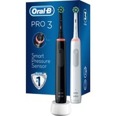 Oral-B cepillo de dientes eléctrico Pro 3 3900, paquete doble y 3 cepillos adjuntos, con 3 modos de cepillado y control visual de presión de 360° para el cuidado dental, blanco/negro