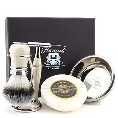 Haryali London - Kit de afeitado para hombre con doble filo de seguridad de afeitado de tejón sintético, soporte, jabón y cuenco