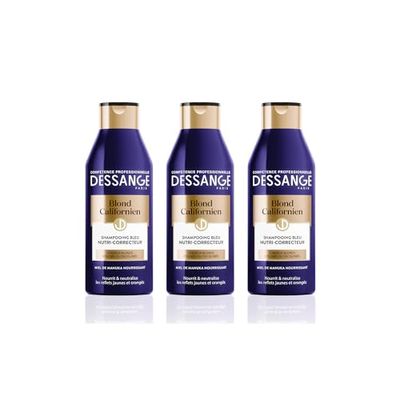 Dessange - Shampoo Blu Nutri-Correttore - Per Capelli Biondi Colorati o Decolorati - Biondo Californiano - 250 ml - Confezione da 3