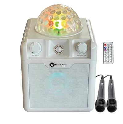 N-Gear Disco410 - Altoparlante Bluetooth Karaoke & Party con sfera da discoteca, microfono e funzione Power Bank, colore: Bianco