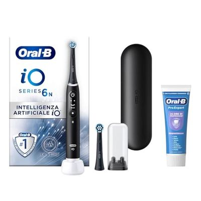 Oral-B Spazzolino Elettrico Ricaricabile iO 6N Nero, 1 Spazzolino Elettrico, 2 Testine Di Ricambio, Custodia Da Viaggio + 1 Dentifricio Oral-B Pro-Expert Sbiancante Delicato, Pulizia Denti