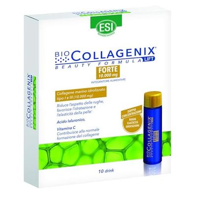 ESI - Biocollagenix Forte, Integratore Alimentare Antiage a base di Collagene Marino, Vitamina C e Zinco, Dona una Pelle Idratata e Contrasta le Rughe, Dermatologicamente Testato, 10 Drink