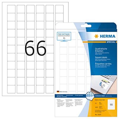 HERMA Self Adhesive Removable Labels, 66 Labels per A4 Sheet, 800 Sheets, 25.4 x 25.4 mm, 52800 Labels, Blank Multipurpose Labels Stickers, Sticky Labels for Laser & Inkjet Printer, White