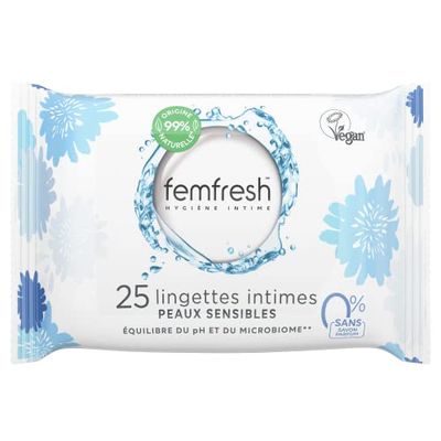 Femfresh - Chusteczki intymne do skóry wrażliwej 0%, aloes i nagietek - 25 chusteczek